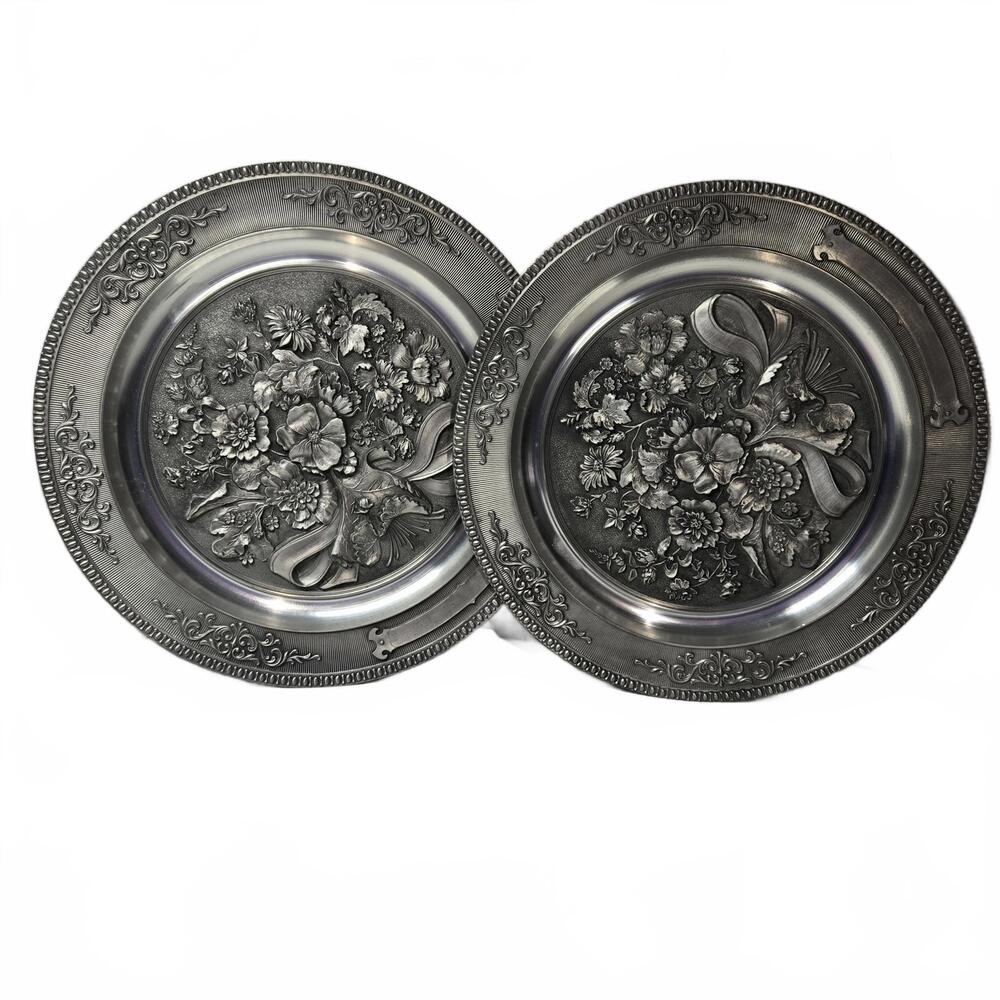 Pair of Vintage WMF Zinn German Pewter Floral Relief Wall Hanging Plates